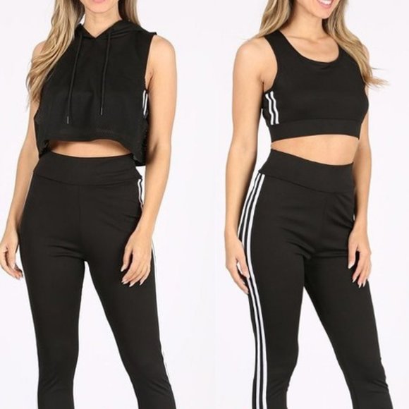 Black Striped Legging Bra Crop Top 3PC Active Set - Picture 3 of 9